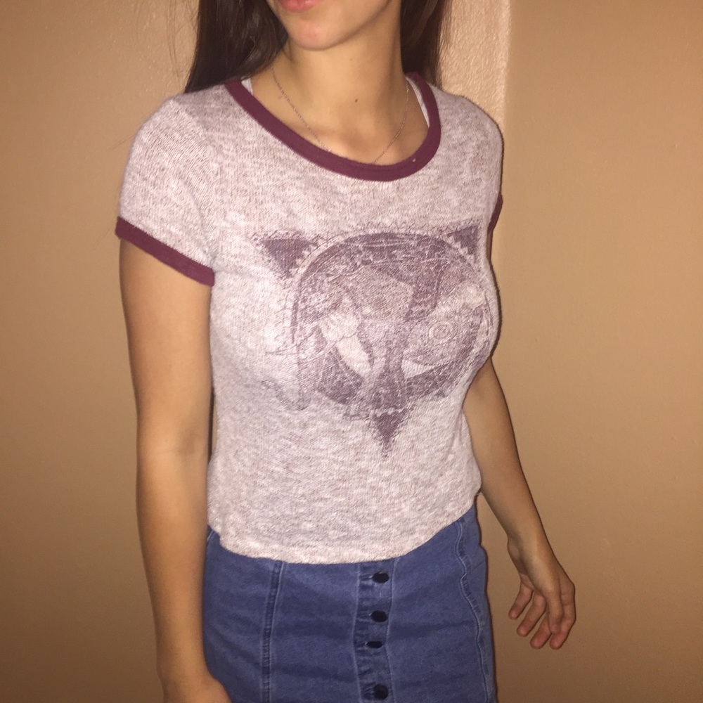 red and creme colored t-shirt